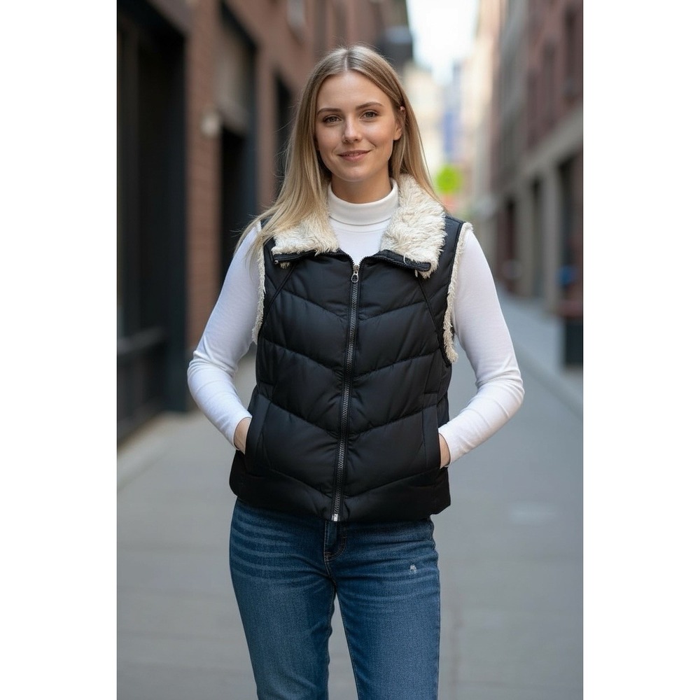 Big‎ Chill Puffer Black Vest Medium Jacket Sherpa Collar